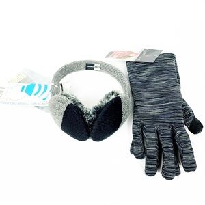 Touchscreen Grey Fleece Lined Gloves | Earmuff Audio Headphones Cords Included